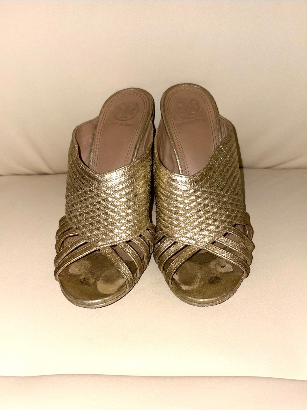 Tory Burch Metallic Gold Woven Slide Mules - Picture 2 of 6